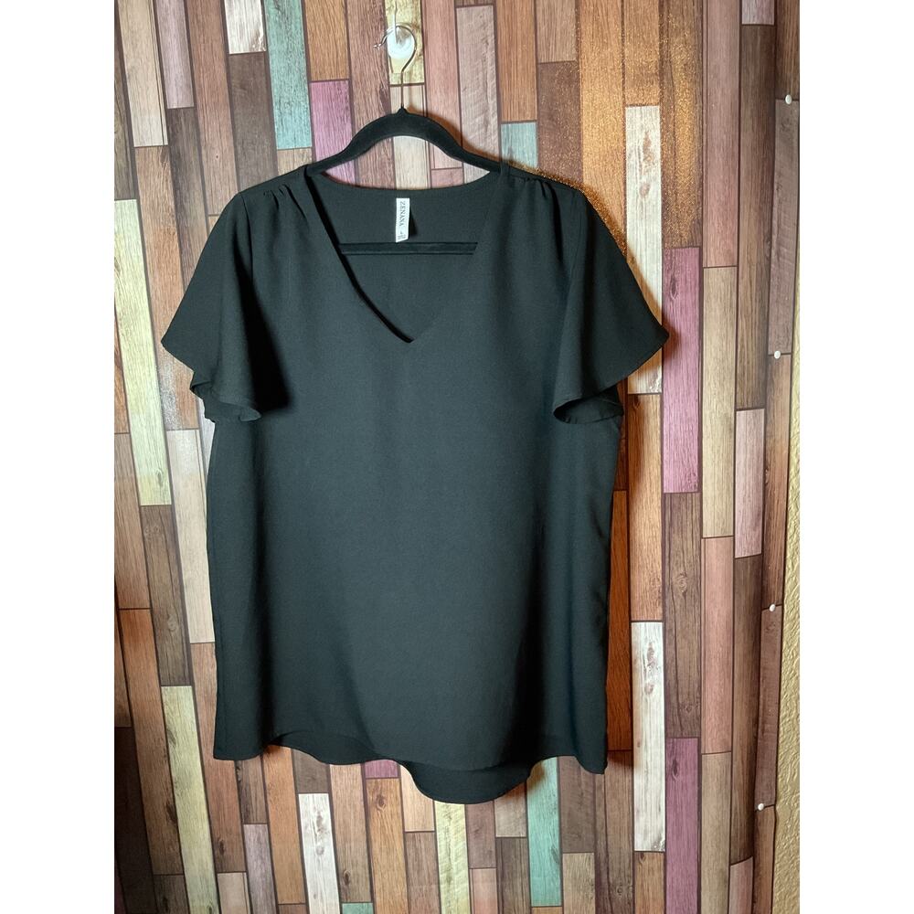 Solid Black V-Neck Flutter Sleeve Top by Zenana Women’s Size Large